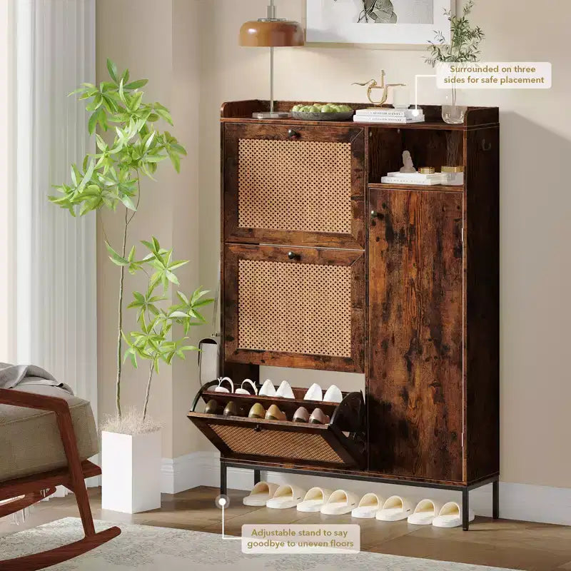 3 Tier Free Standing Shoe Cabinet with Natural Rattan, Shoe Organizer with Adjustable Shelves, Narrow Shoe Rack for Hallway, Retro