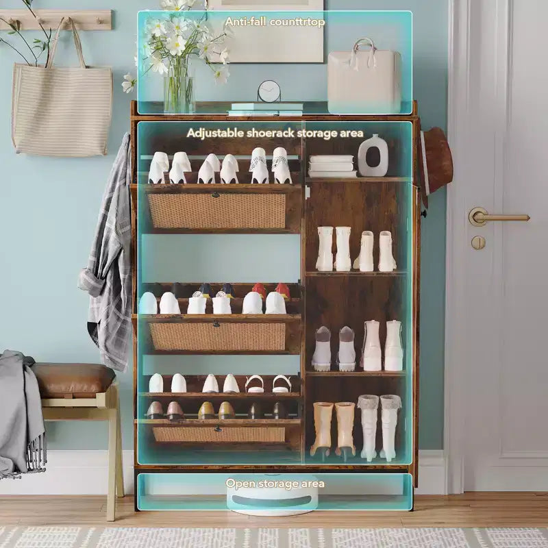 3 Tier Free Standing Shoe Cabinet with Natural Rattan, Shoe Organizer with Adjustable Shelves, Narrow Shoe Rack for Hallway, Retro