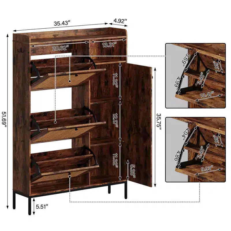 3 Tier Free Standing Shoe Cabinet with Natural Rattan, Shoe Organizer with Adjustable Shelves, Narrow Shoe Rack for Hallway, Retro