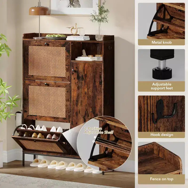 3 Tier Free Standing Shoe Cabinet with Natural Rattan, Shoe Organizer with Adjustable Shelves, Narrow Shoe Rack for Hallway, Retro