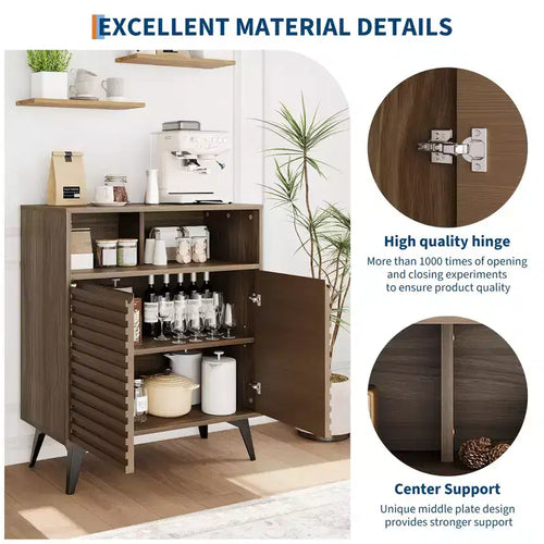 28 Inch Fluted Sideboard Buffet Cabinet, Slim Wood Storage Cabinet with Adjustable Shelves & Doors for Kitchen, Dining Room, Apartments