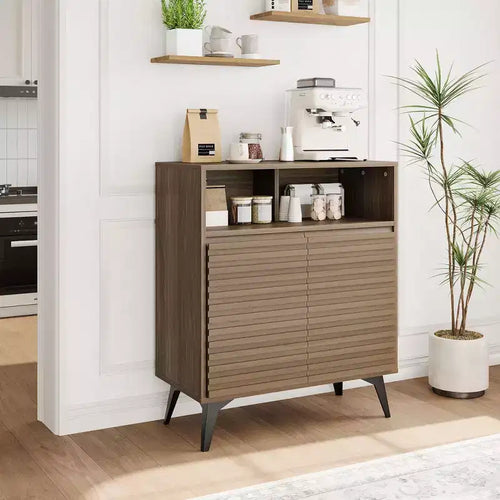 28 Inch Fluted Sideboard Buffet Cabinet, Slim Wood Storage Cabinet with Adjustable Shelves & Doors for Kitchen, Dining Room, Apartments