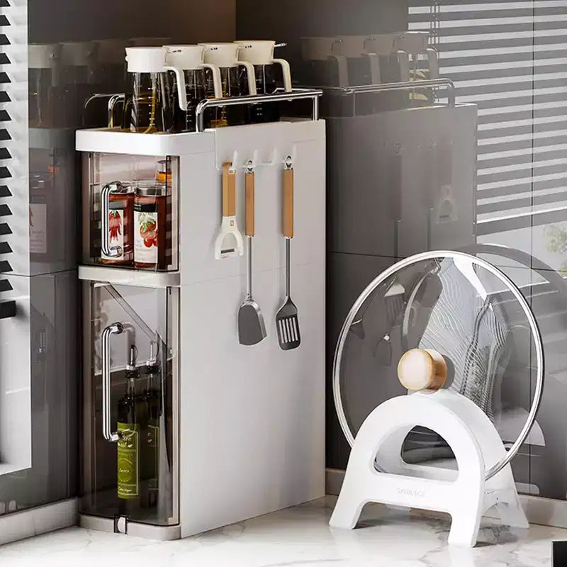 Kitchen Two-Layer Desktop Storage Rack With Dustproof Door + 4 Hooks, Cabinet Spice Storage Rack