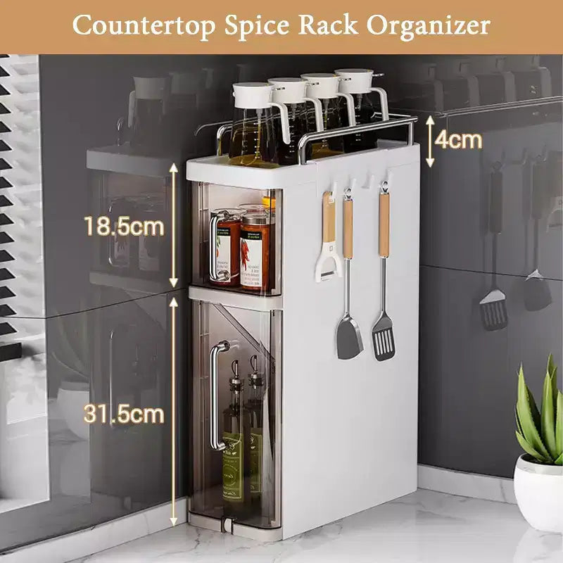 Kitchen Two-Layer Desktop Storage Rack With Dustproof Door + 4 Hooks, Cabinet Spice Storage Rack