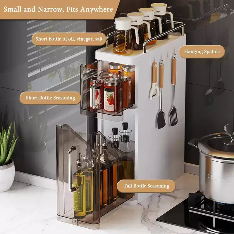 Kitchen Two-Layer Desktop Storage Rack With Dustproof Door + 4 Hooks, Cabinet Spice Storage Rack