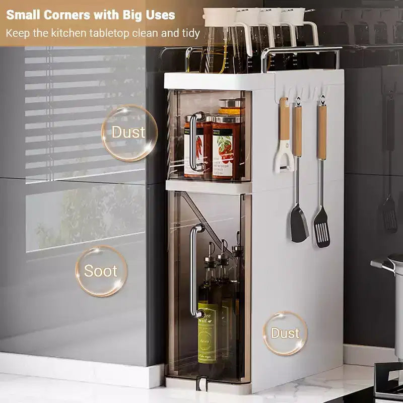 Kitchen Two-Layer Desktop Storage Rack With Dustproof Door + 4 Hooks, Cabinet Spice Storage Rack