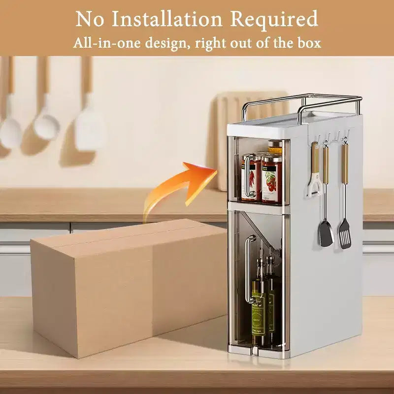 Kitchen Two-Layer Desktop Storage Rack With Dustproof Door + 4 Hooks, Cabinet Spice Storage Rack