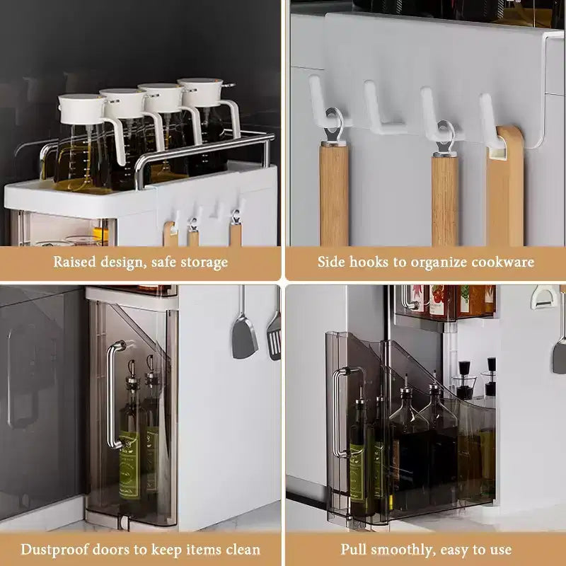 Kitchen Two-Layer Desktop Storage Rack With Dustproof Door + 4 Hooks, Cabinet Spice Storage Rack