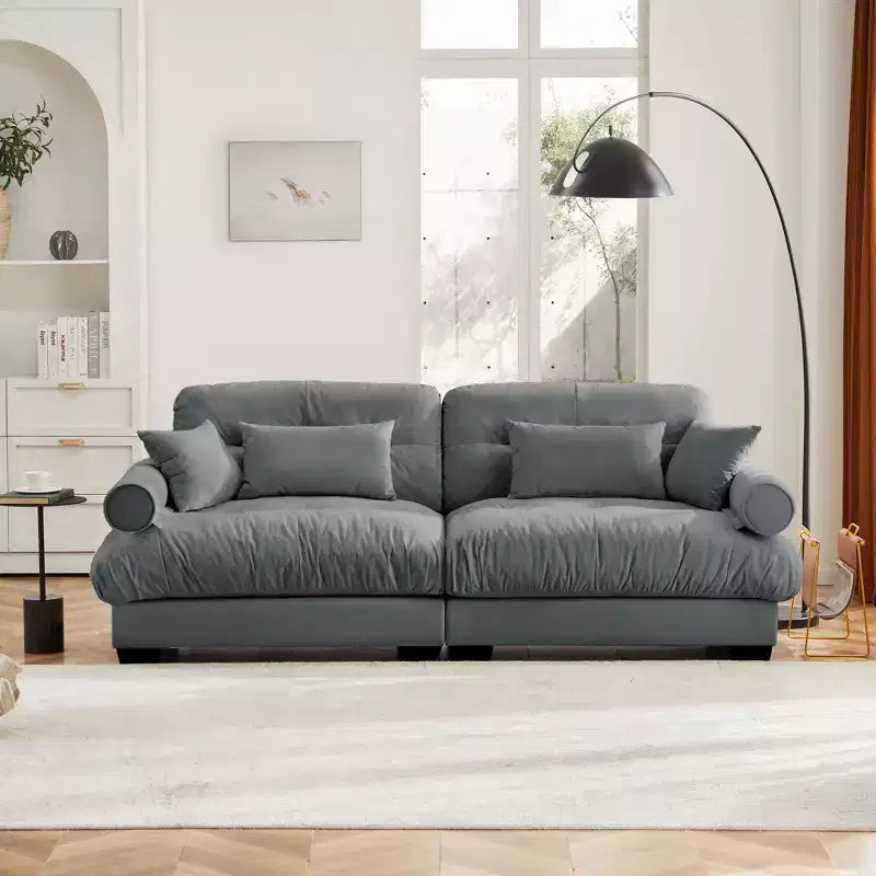 Large Size Modern Two-seater Sofa with Bolstered Armrests,Velvet 2-Seater Sofa With Waist Pillows and Throw Pillowsedroom,Grey