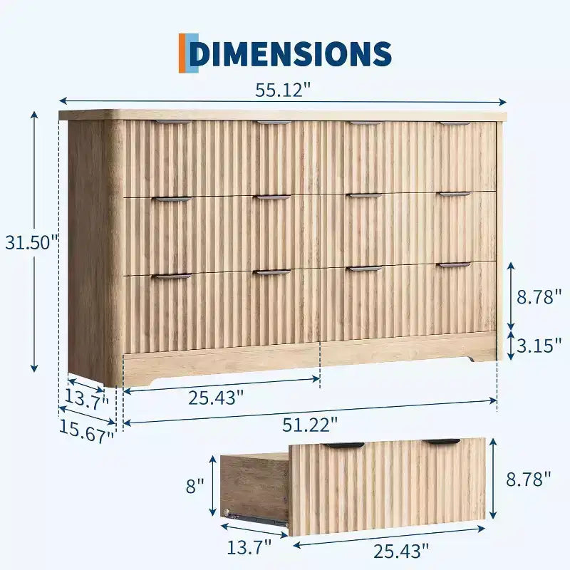 Grooved 6 Drawer Dresser, Sturdy Clothing Storage, Natural Wood