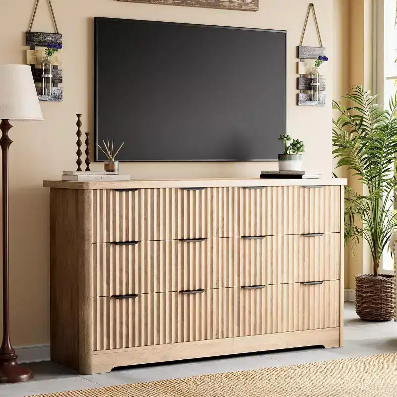 Grooved 6 Drawer Dresser, Sturdy Clothing Storage, Natural Wood