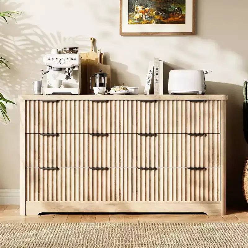 Grooved 6 Drawer Dresser, Sturdy Clothing Storage, Natural Wood