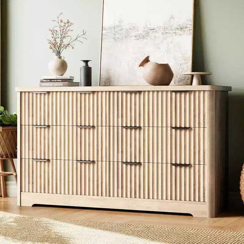 Grooved 6 Drawer Dresser, Sturdy Clothing Storage, Natural Wood