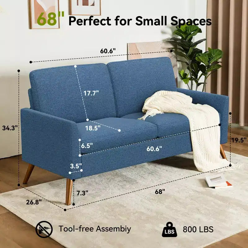 68 Loveseat Sofa, Comfy Couches for Living Room, Mid Century Modern Love Seat Sofa, Tool-Free Setup Small Couches for Bedroom Office