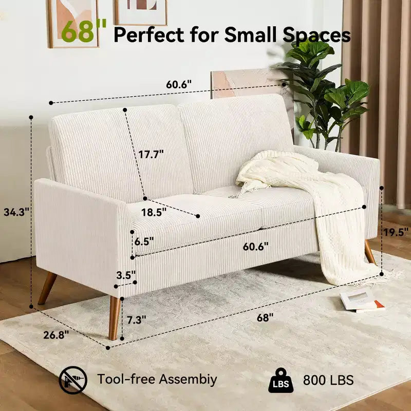 68 Loveseat Sofa, Comfy Couches for Living Room, Mid Century Modern Love Seat Sofa, Tool-Free Setup Small Couches for Bedroom Office