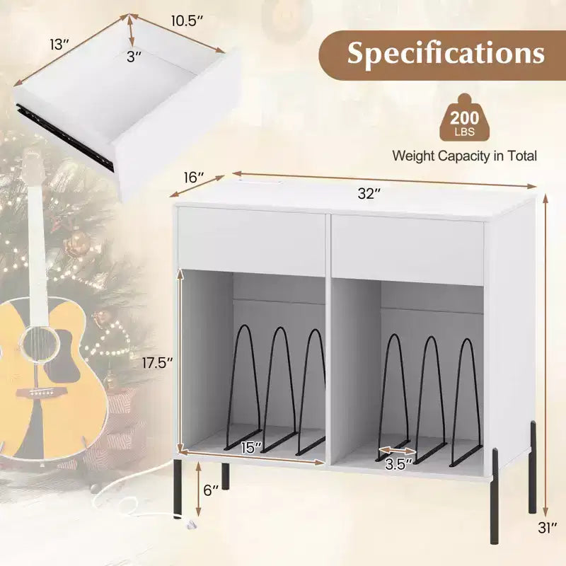 Large Record Player Stand with Charging Station Storage Compartments & 2 Drawers White/Black
