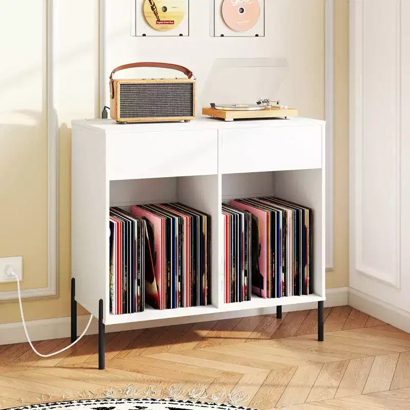 Large Record Player Stand with Charging Station Storage Compartments & 2 Drawers White/Black
