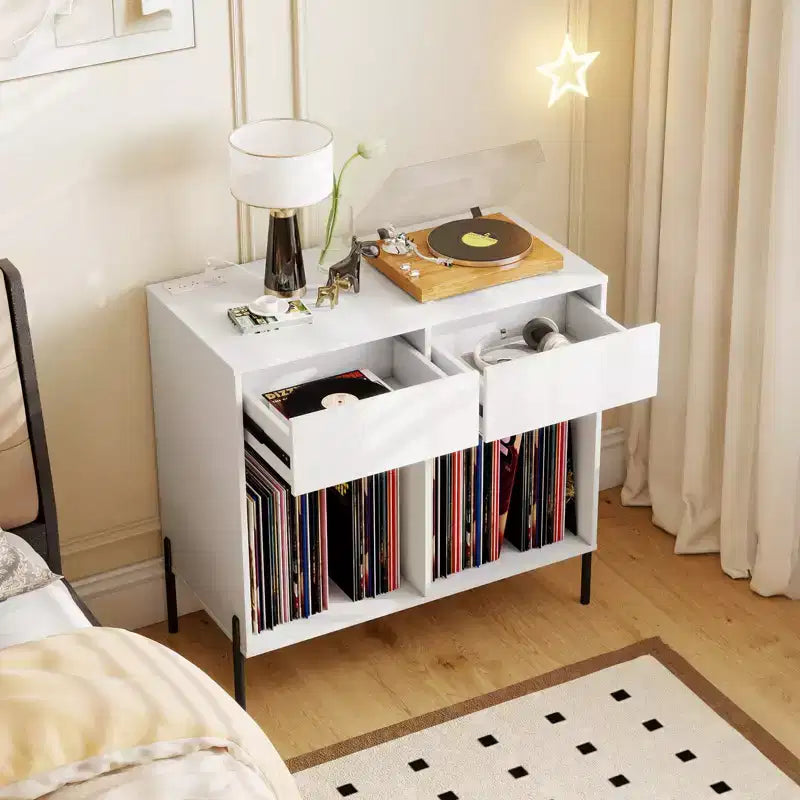 Large Record Player Stand with Charging Station Storage Compartments & 2 Drawers White/Black