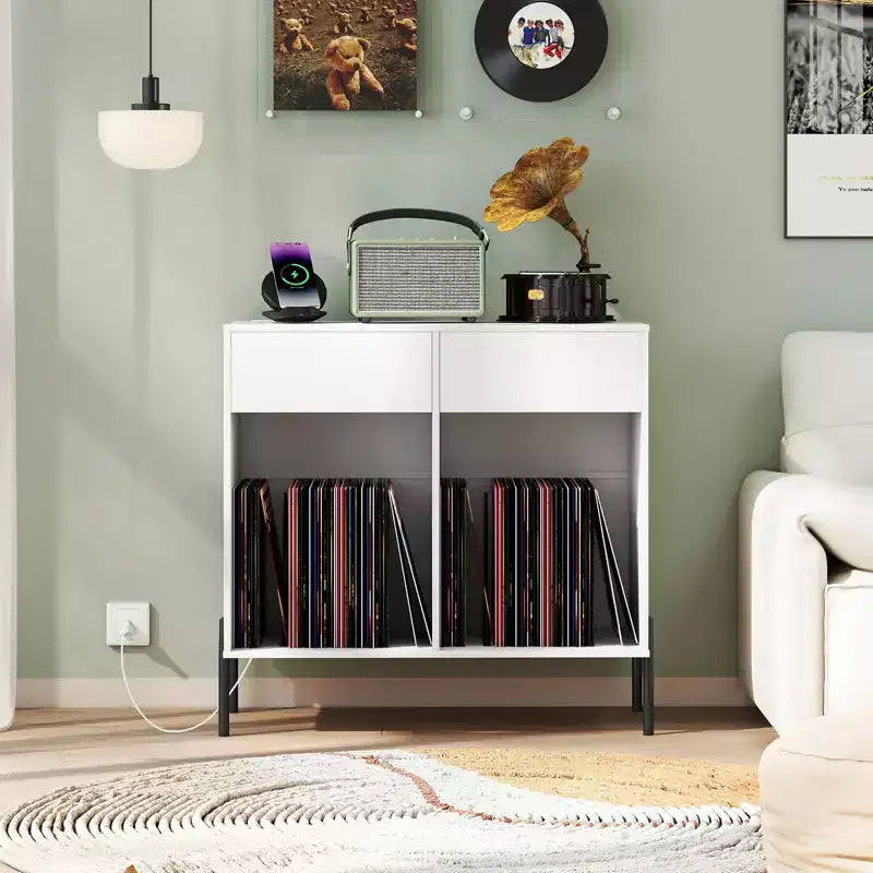 Large Record Player Stand with Charging Station Storage Compartments & 2 Drawers White/Black