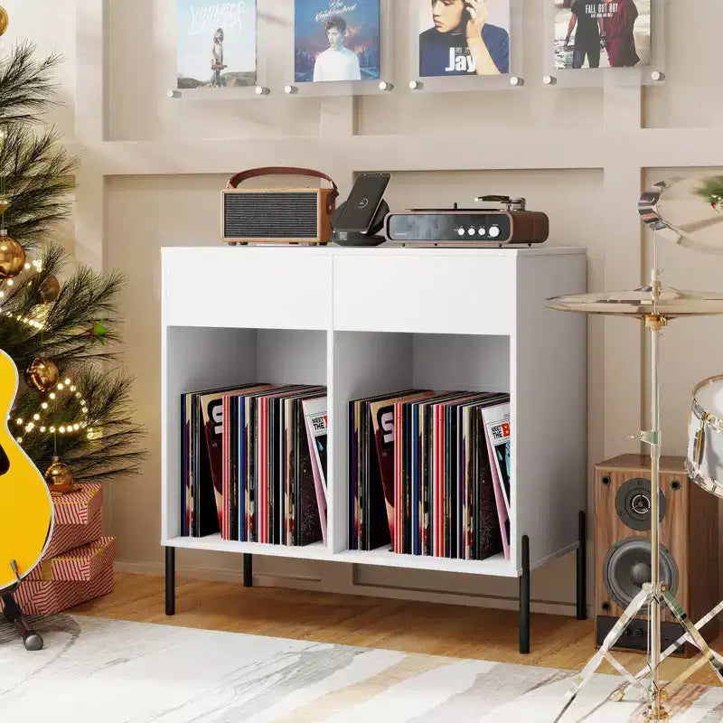 Large Record Player Stand with Charging Station Storage Compartments & 2 Drawers White/Black