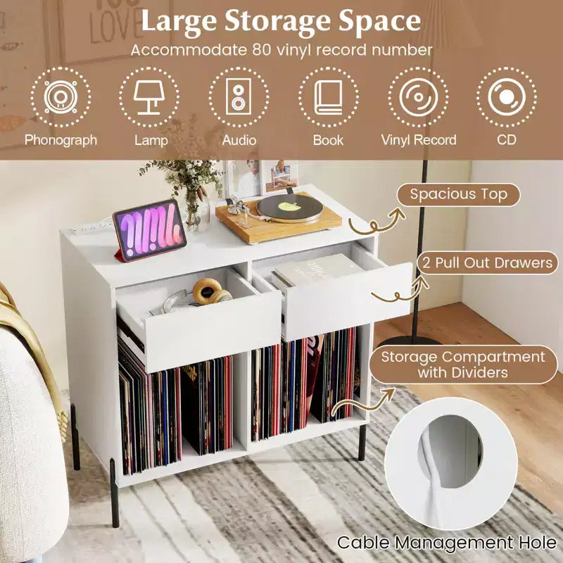 Large Record Player Stand with Charging Station Storage Compartments & 2 Drawers White/Black