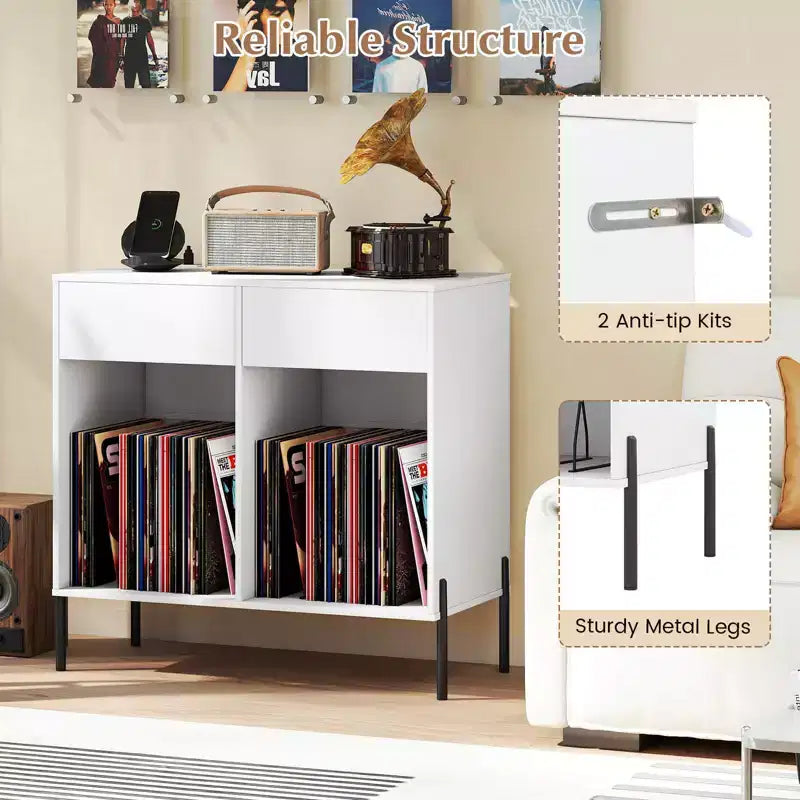 Large Record Player Stand with Charging Station Storage Compartments & 2 Drawers White/Black