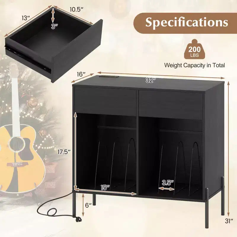 Large Record Player Stand with Charging Station Storage Compartments & 2 Drawers White/Black