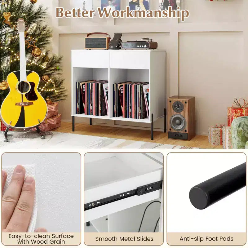 Large Record Player Stand with Charging Station Storage Compartments & 2 Drawers White/Black