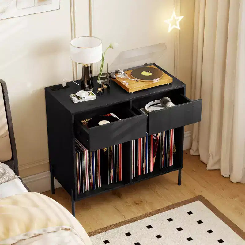 Large Record Player Stand with Charging Station Storage Compartments & 2 Drawers White/Black