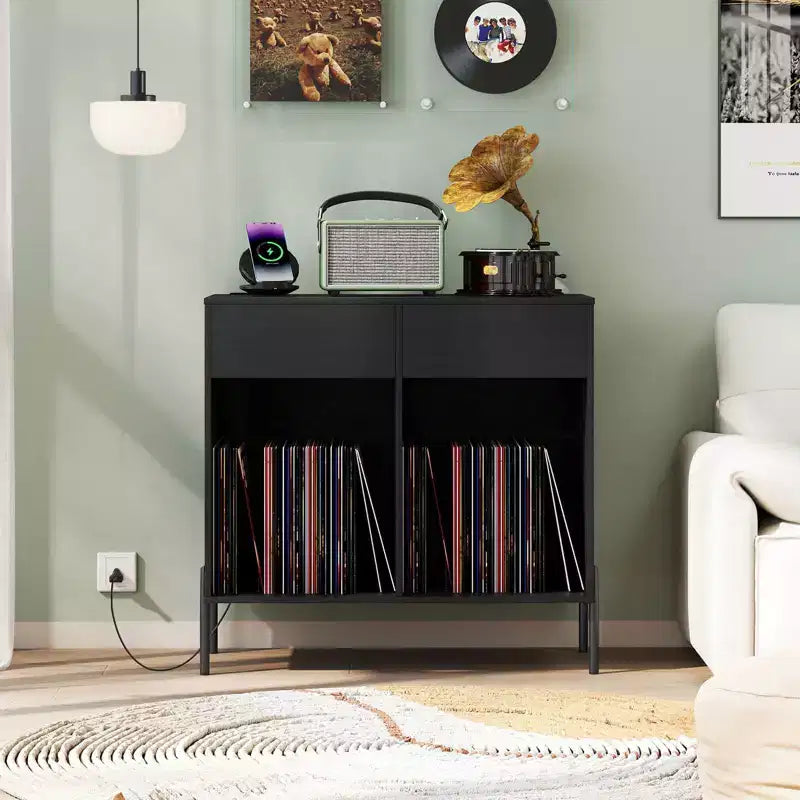 Large Record Player Stand with Charging Station Storage Compartments & 2 Drawers White/Black