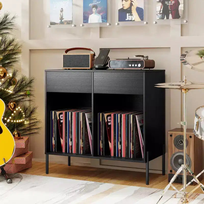 Large Record Player Stand with Charging Station Storage Compartments & 2 Drawers White/Black