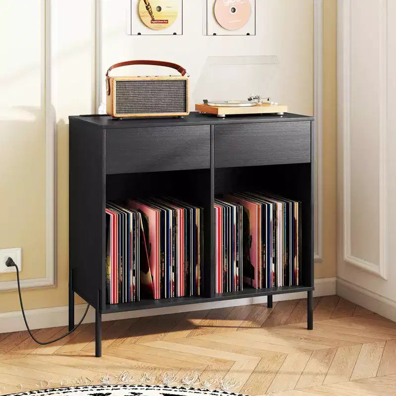 Large Record Player Stand with Charging Station Storage Compartments & 2 Drawers White/Black