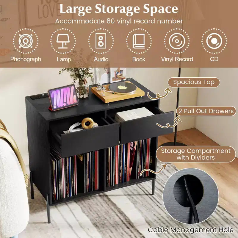 Large Record Player Stand with Charging Station Storage Compartments & 2 Drawers White/Black