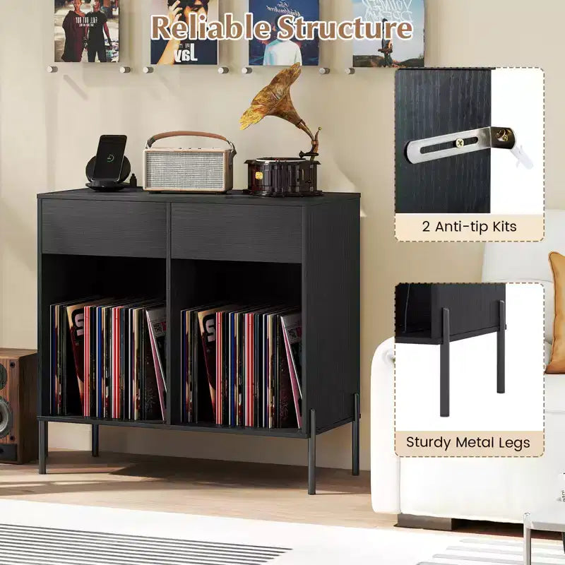Large Record Player Stand with Charging Station Storage Compartments & 2 Drawers White/Black