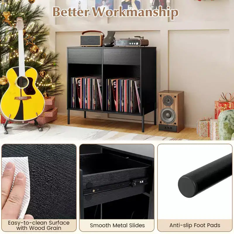 Large Record Player Stand with Charging Station Storage Compartments & 2 Drawers White/Black