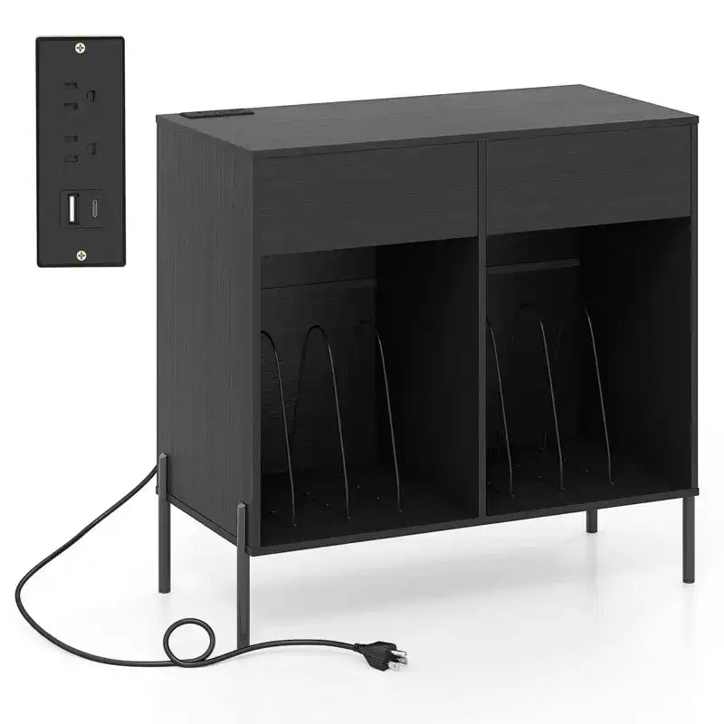 Costway Large Record Player Stand with Charging Station Storage Compartments & 2 Drawers White/Black