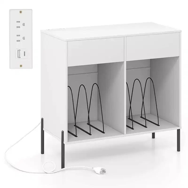 Meuble platine vinyle spacieux avec station de charge, compartiments de rangement et 2 tiroirs Blanc/Noir