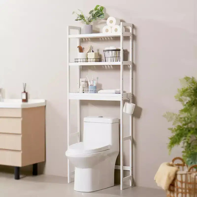 Over the Toilet Storage, 3-Tier Adjustable Over Toilet Bathroom Organizer, Bamboo Storage Shelf Rack with 3 Hooks, Fit Most Toilets, White