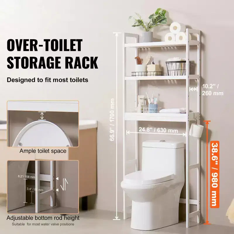 Over the Toilet Storage, 3-Tier Adjustable Over Toilet Bathroom Organizer, Bamboo Storage Shelf Rack with 3 Hooks, Fit Most Toilets, White