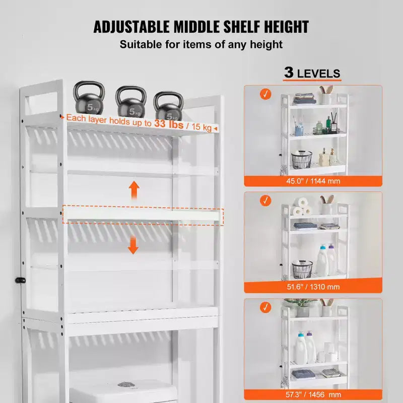 Over the Toilet Storage, 3-Tier Adjustable Over Toilet Bathroom Organizer, Bamboo Storage Shelf Rack with 3 Hooks, Fit Most Toilets, White