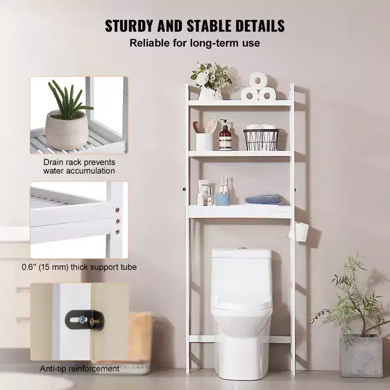 Over the Toilet Storage, 3-Tier Adjustable Over Toilet Bathroom Organizer, Bamboo Storage Shelf Rack with 3 Hooks, Fit Most Toilets, White