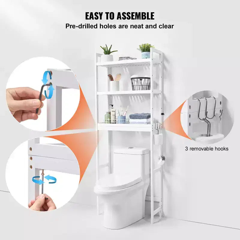Over the Toilet Storage, 3-Tier Adjustable Over Toilet Bathroom Organizer, Bamboo Storage Shelf Rack with 3 Hooks, Fit Most Toilets, White