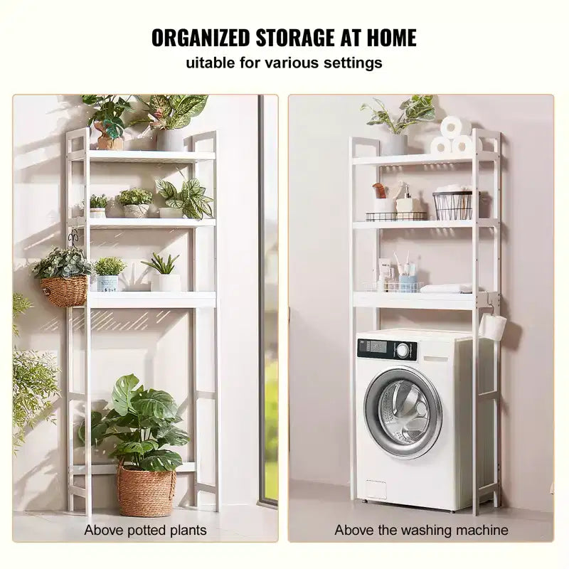 Over the Toilet Storage, 3-Tier Adjustable Over Toilet Bathroom Organizer, Bamboo Storage Shelf Rack with 3 Hooks, Fit Most Toilets, White