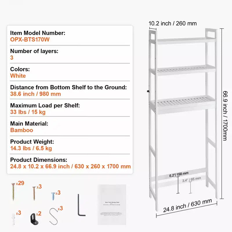 Over the Toilet Storage, 3-Tier Adjustable Over Toilet Bathroom Organizer, Bamboo Storage Shelf Rack with 3 Hooks, Fit Most Toilets, White