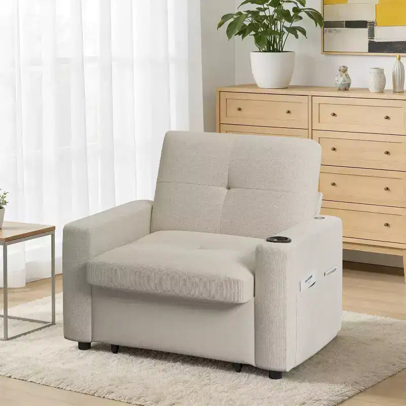 3-In-1 Sleeper Sofa Chair Bed, 42.5 W Convertible Sleeper Chair with Pull Out Bed, USB Charging Ports & Side Table, Cup Holder