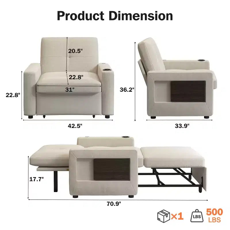 3-In-1 Sleeper Sofa Chair Bed, 42.5 W Convertible Sleeper Chair with Pull Out Bed, USB Charging Ports & Side Table, Cup Holder
