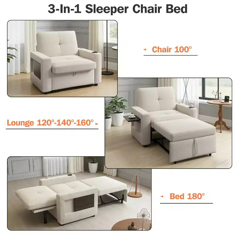 3-In-1 Sleeper Sofa Chair Bed, 42.5 W Convertible Sleeper Chair with Pull Out Bed, USB Charging Ports & Side Table, Cup Holder
