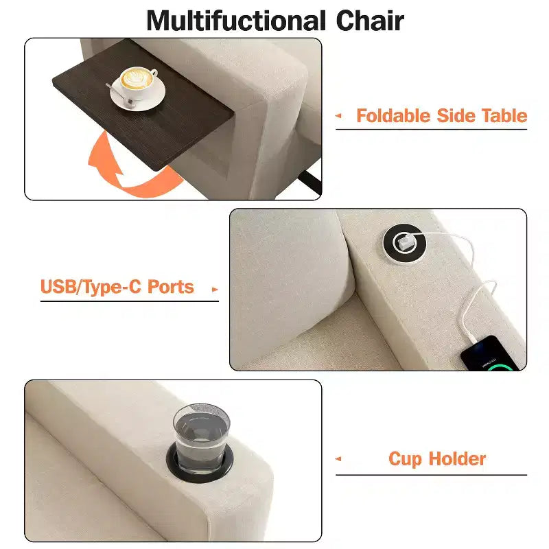 3-In-1 Sleeper Sofa Chair Bed, 42.5 W Convertible Sleeper Chair with Pull Out Bed, USB Charging Ports & Side Table, Cup Holder
