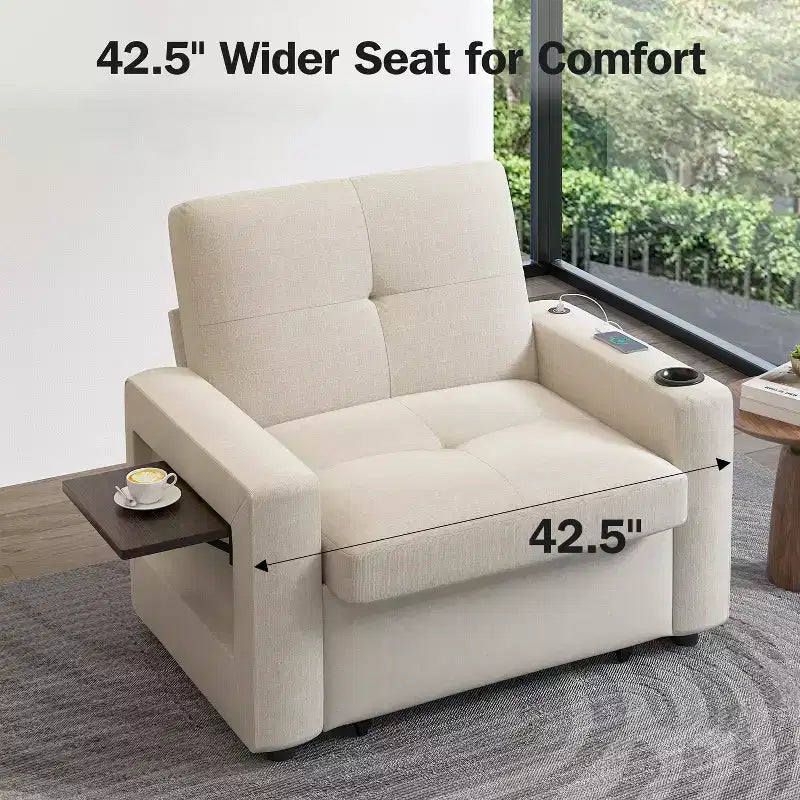 3-In-1 Sleeper Sofa Chair Bed, 42.5 W Convertible Sleeper Chair with Pull Out Bed, USB Charging Ports & Side Table, Cup Holder