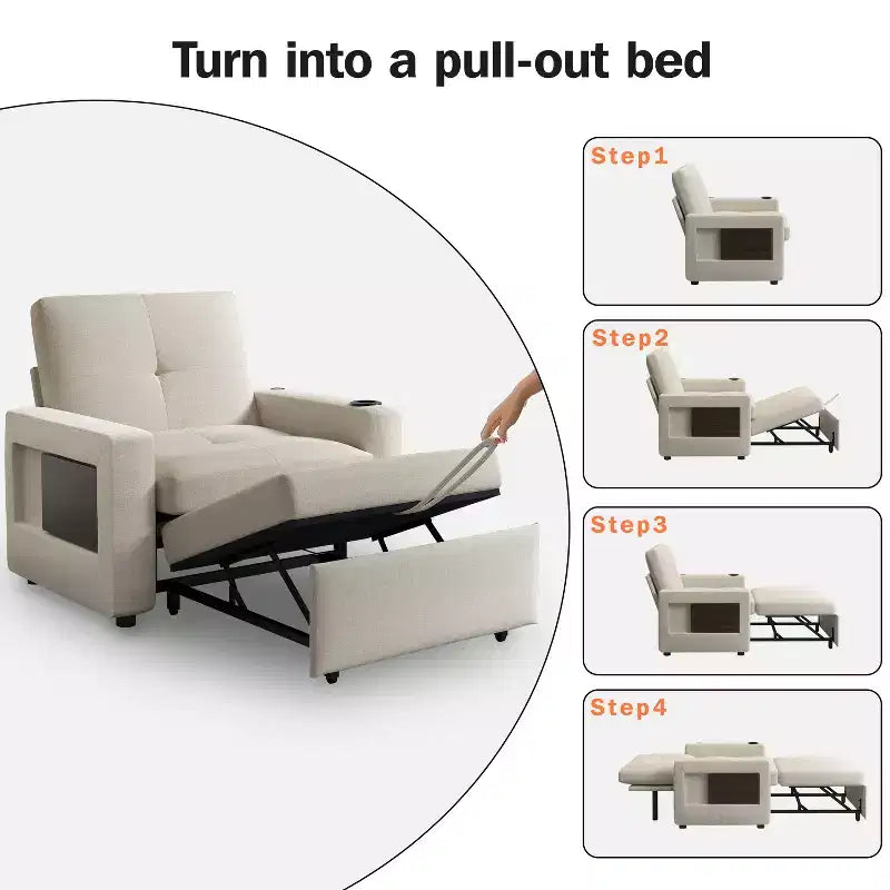 3-In-1 Sleeper Sofa Chair Bed, 42.5 W Convertible Sleeper Chair with Pull Out Bed, USB Charging Ports & Side Table, Cup Holder